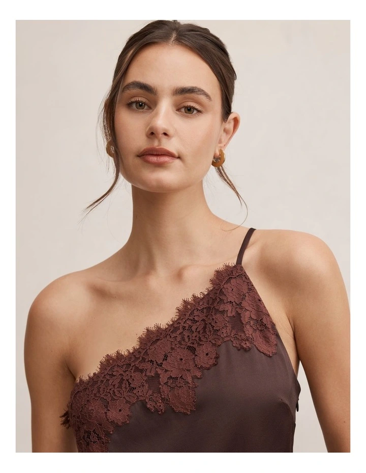 Adele One Shoulder Lace Trim Top in Chocolate image 4
