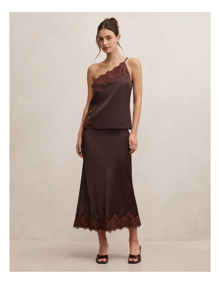 Adele One Shoulder Lace Trim Top in Chocolate image 5