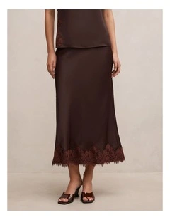 Adele Lace Trim Midi Skirt in Chocolate