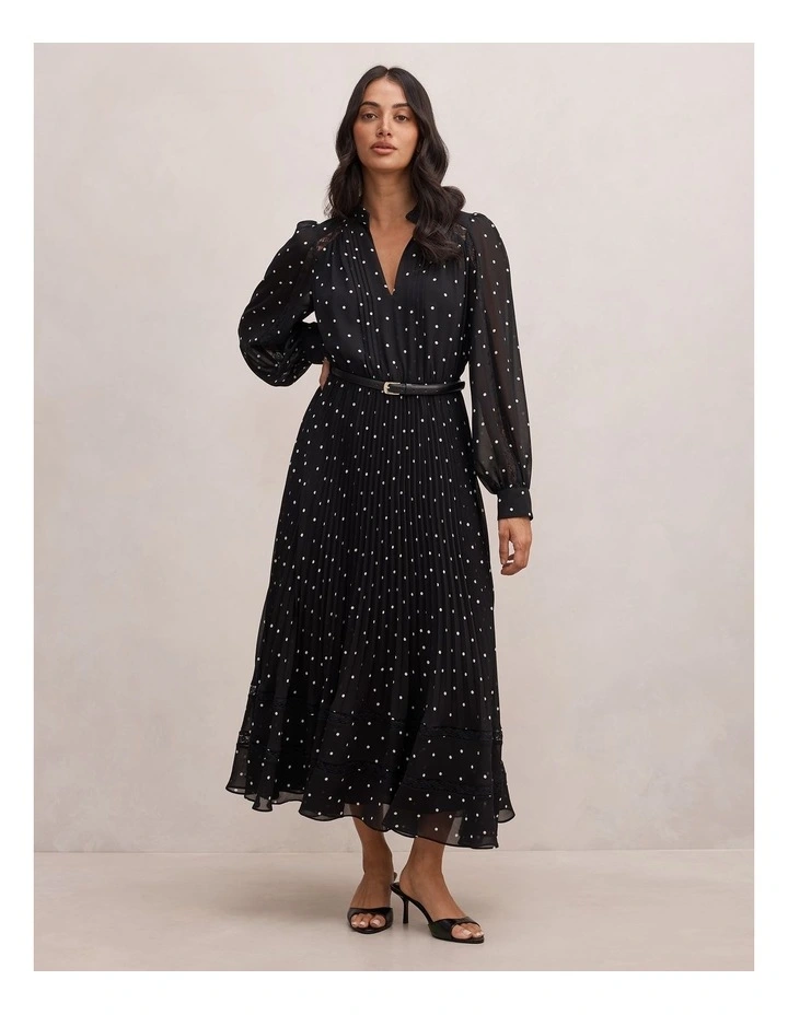 Clara Pleated Lace Trim Midi Dress in Multi image 1