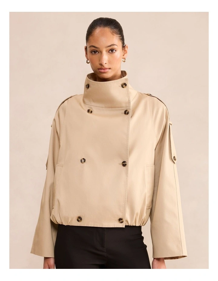 Billie Funnel Neck Short Trench Coat in Beige image 1