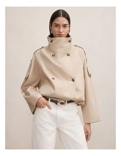 Billie Funnel Neck Short Trench Coat in Beige