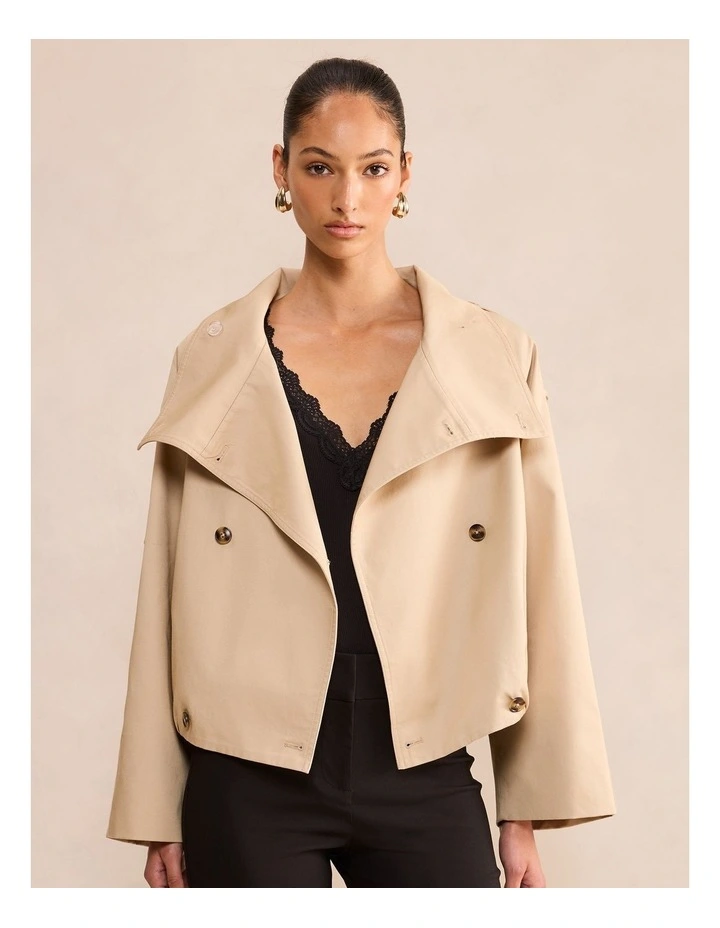 Billie Funnel Neck Short Trench Coat in Beige image 3