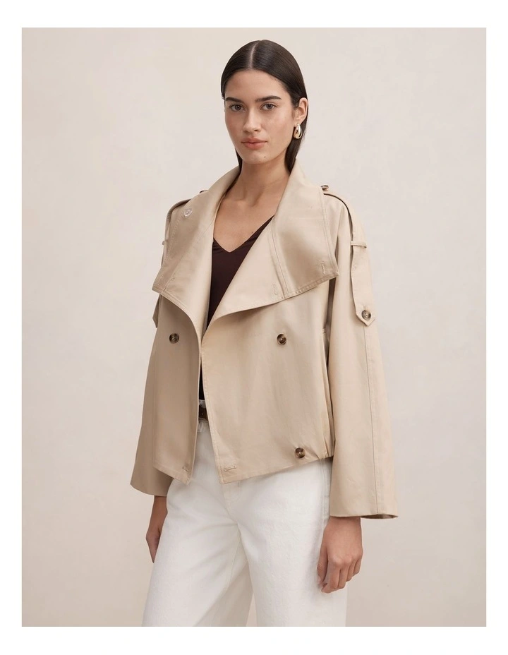 Billie Funnel Neck Short Trench Coat in Beige image 3