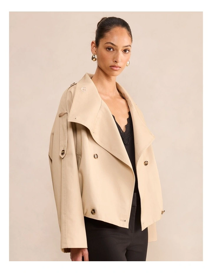 Billie Funnel Neck Short Trench Coat in Beige image 4
