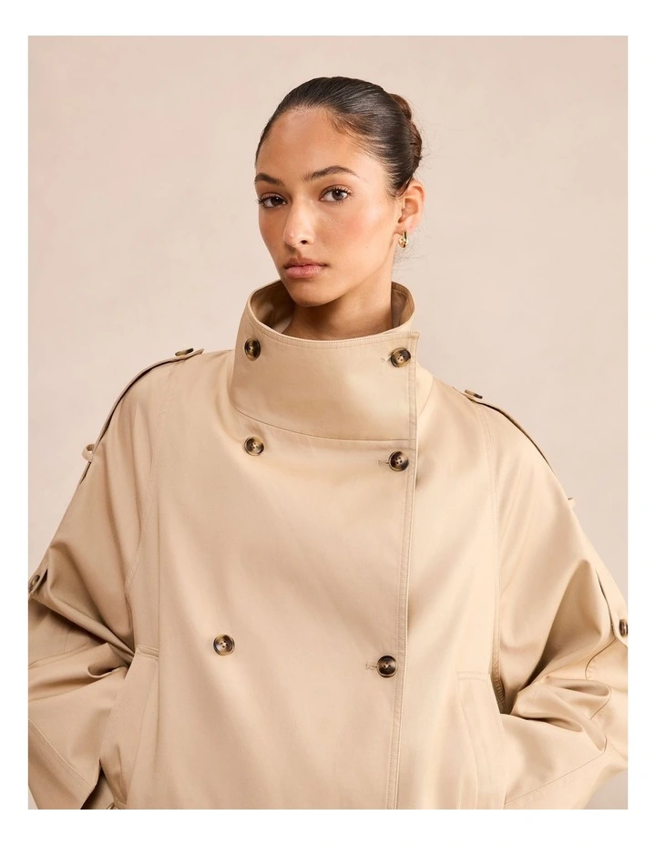 Billie Funnel Neck Short Trench Coat in Beige image 5