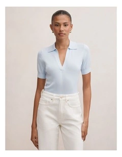 Gia Knitted Polo Top in Blue