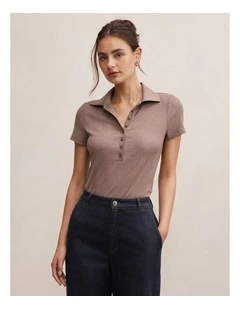 Aaliyah Ribbed Polo Top in Brown