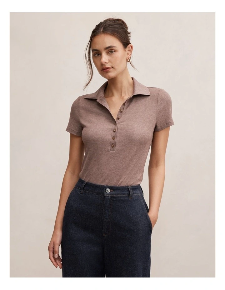 Aaliyah Ribbed Polo Top in Brown image 1