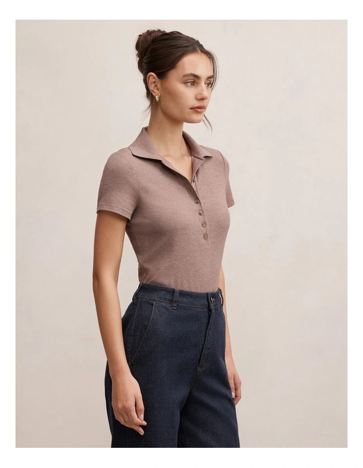 Aaliyah Ribbed Polo Top in Brown image 3