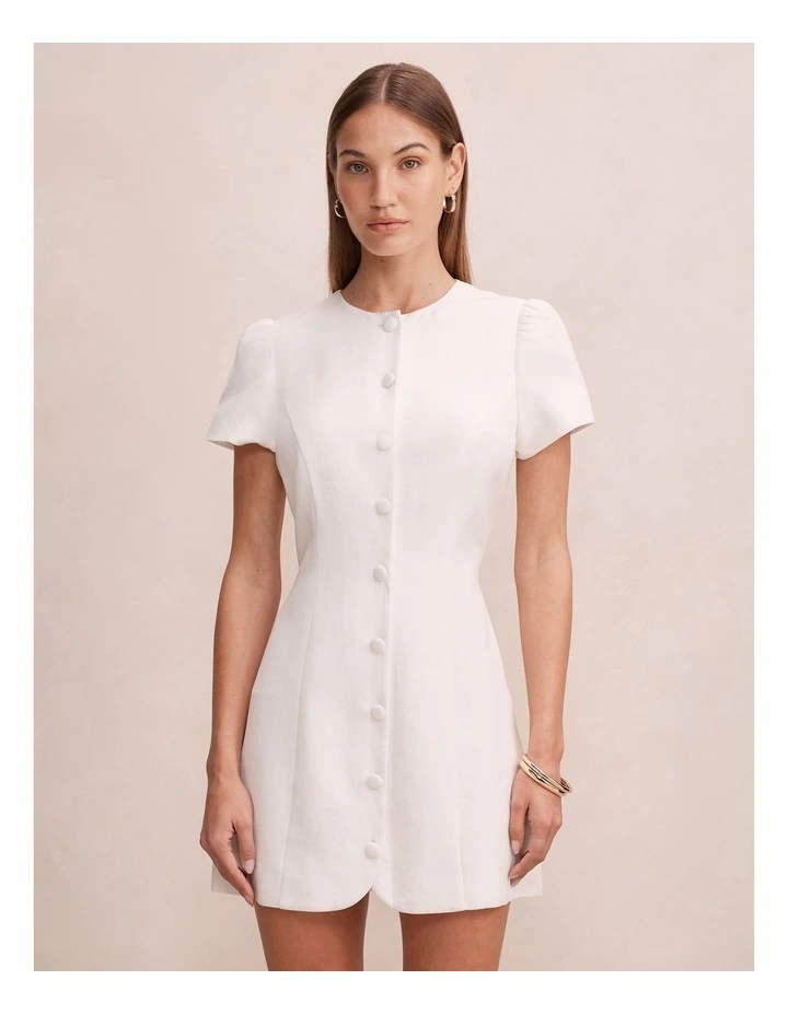 Elinda Button Up Linen Mini Dress in White image 1