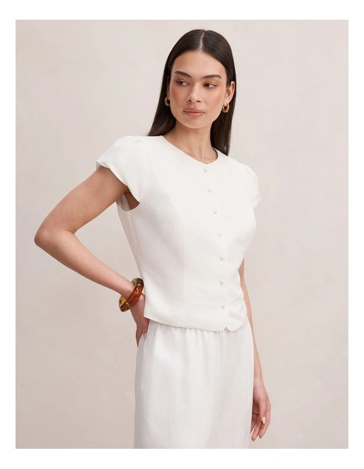 Ella Button Up Linen Top in White image 3