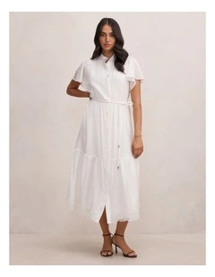 Harriet Lace Detail Midi Dress in White