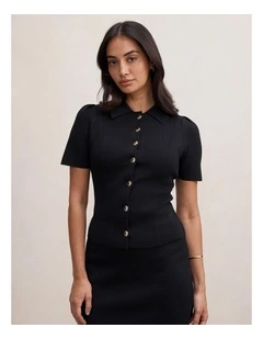 Esther Button Detail Knitted Top in Black