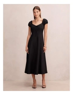 Portia Folded Collar Linen Midi Dress in Black