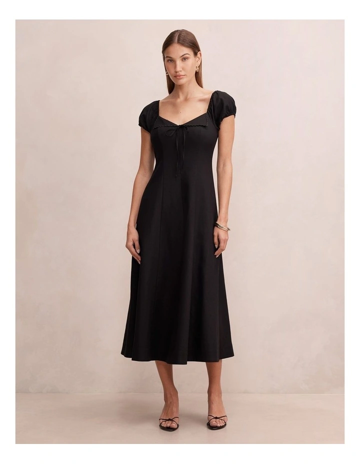 Portia Folded Collar Linen Midi Dress in Black image 1