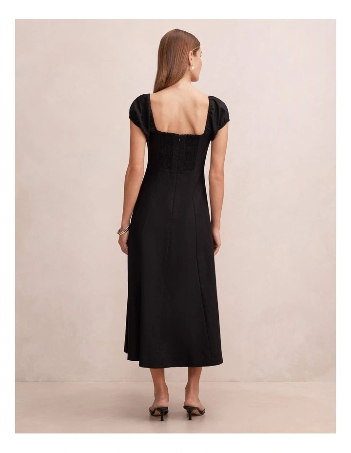 Portia Folded Collar Linen Midi Dress in Black image 2