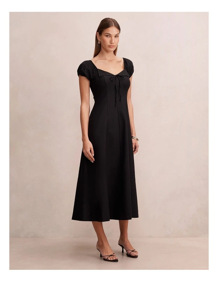 Portia Folded Collar Linen Midi Dress in Black image 3