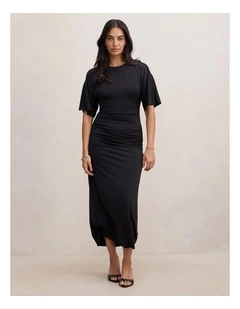Colbie Gathered Jersey Midi Dress in Black