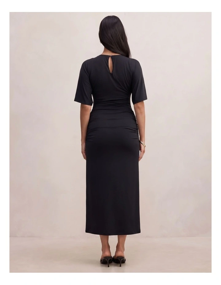 Colbie Gathered Jersey Midi Dress in Black image 2