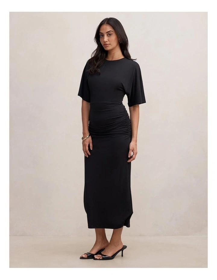 Colbie Gathered Jersey Midi Dress in Black image 3
