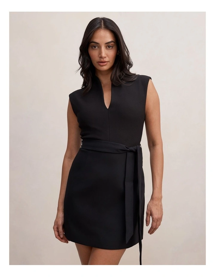 Rory Structured Tie Mini Dress in Black image 1