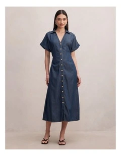 Penny Cinched Waist Midi Dress in Navy