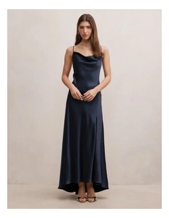 Tilesha Satin Cowl Neck Slip Maxi Dress in Navy