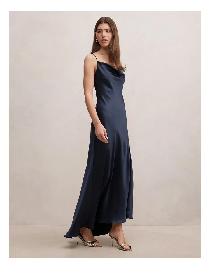 Tilesha Satin Cowl Neck Slip Maxi Dress in Navy image 3