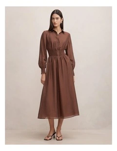 Elissa Shirred Waist Midi Dress in Brown