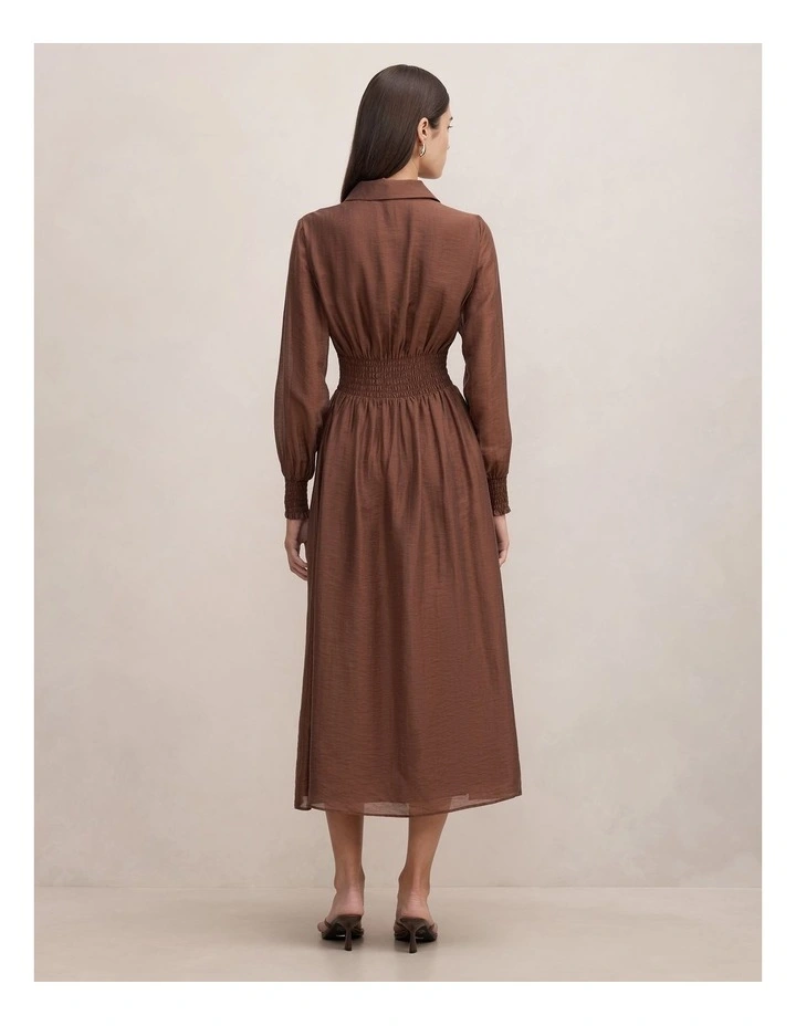 Elissa Shirred Waist Midi Dress in Brown image 2