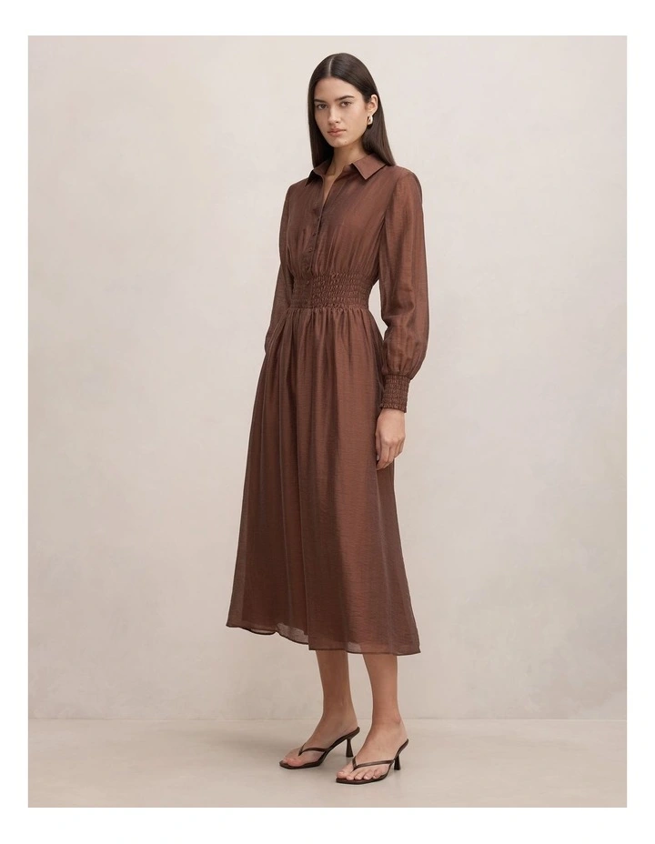 Elissa Shirred Waist Midi Dress in Brown image 3