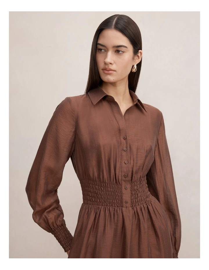 Elissa Shirred Waist Midi Dress in Brown image 4