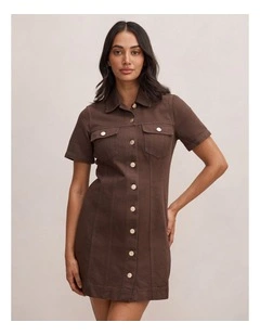 Sophia Mini Denim Shirt Dress in Brown