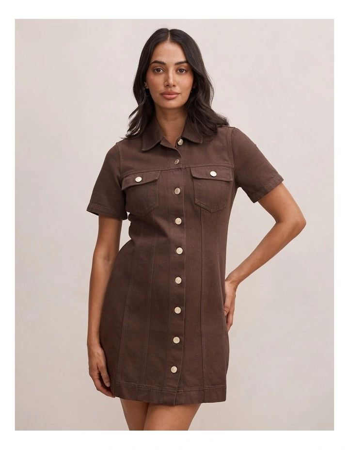 Sophia Mini Denim Shirt Dress in Brown image 1