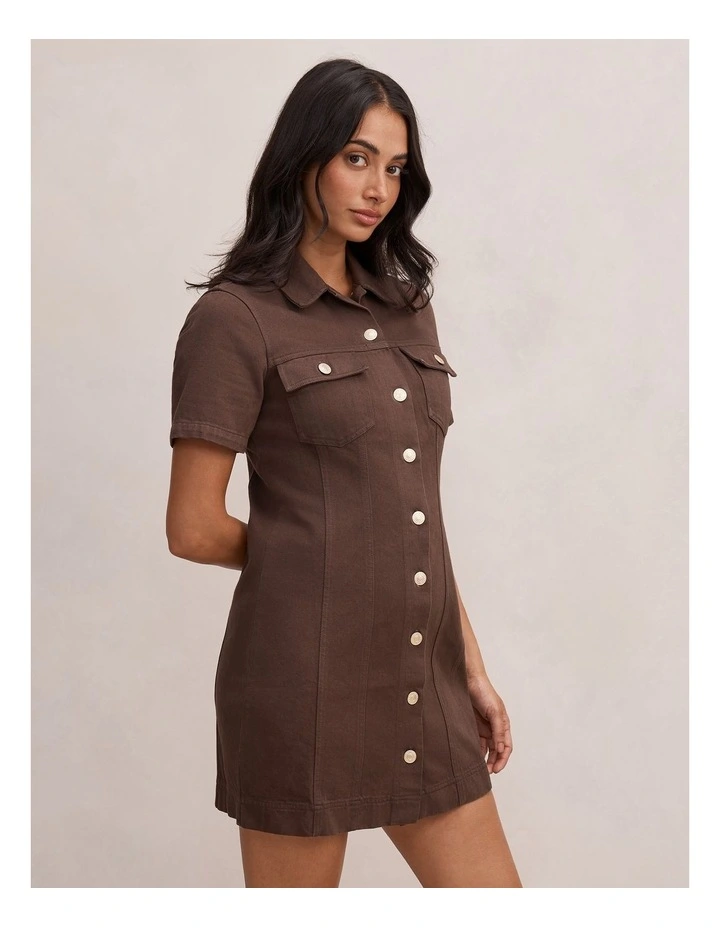 Sophia Mini Denim Shirt Dress in Brown image 3