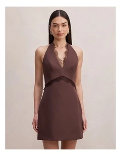 Kobi Lace Halter Neck Mini Dress in Brown