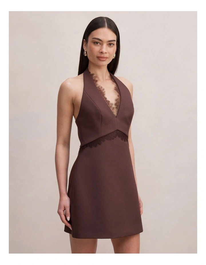 Kobi Lace Halter Neck Mini Dress in Brown image 3