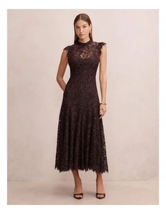 Arielle Lace Midi Dress in Brown