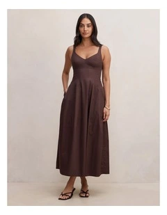 Chessy Seamed Cotton Midi Dress in Brown