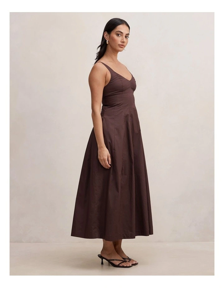 Chessy Seamed Cotton Midi Dress in Brown image 3