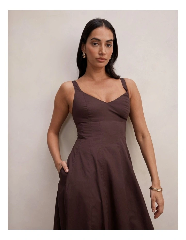 Chessy Seamed Cotton Midi Dress in Brown image 4