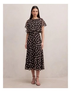 Dalton Flutter Sleeves Midi Dress in Brown