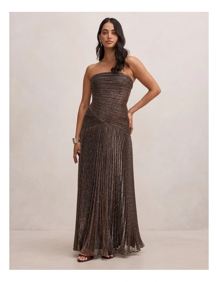 Sofia Strapless Plisse Maxi Dress in Brown image 1