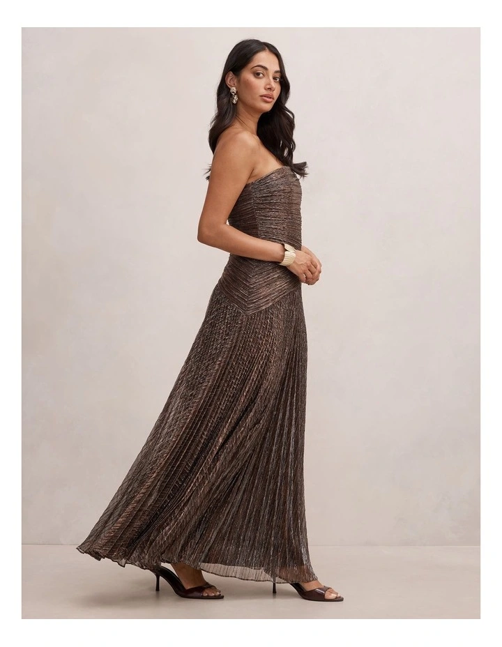 Sofia Strapless Plisse Maxi Dress in Brown image 3