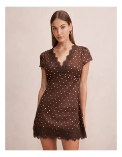 Lexi Short Sleeves Lace Mini Dress in Brown