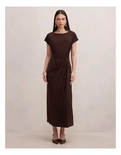Lacie Draped Jersey Midi Dress in Brown