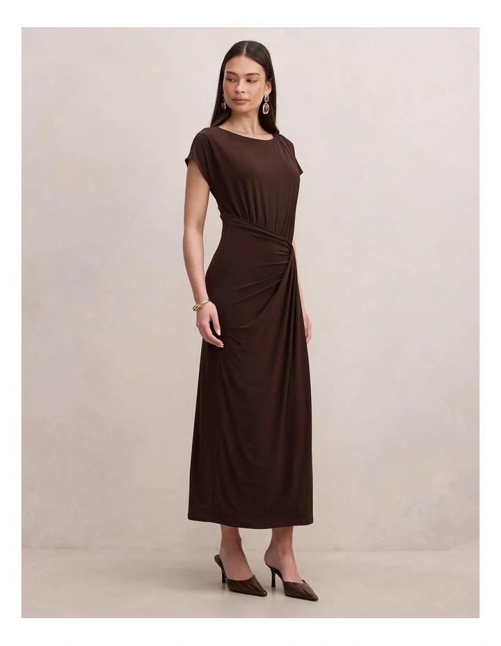 Lacie Draped Jersey Midi Dress in Brown image 3