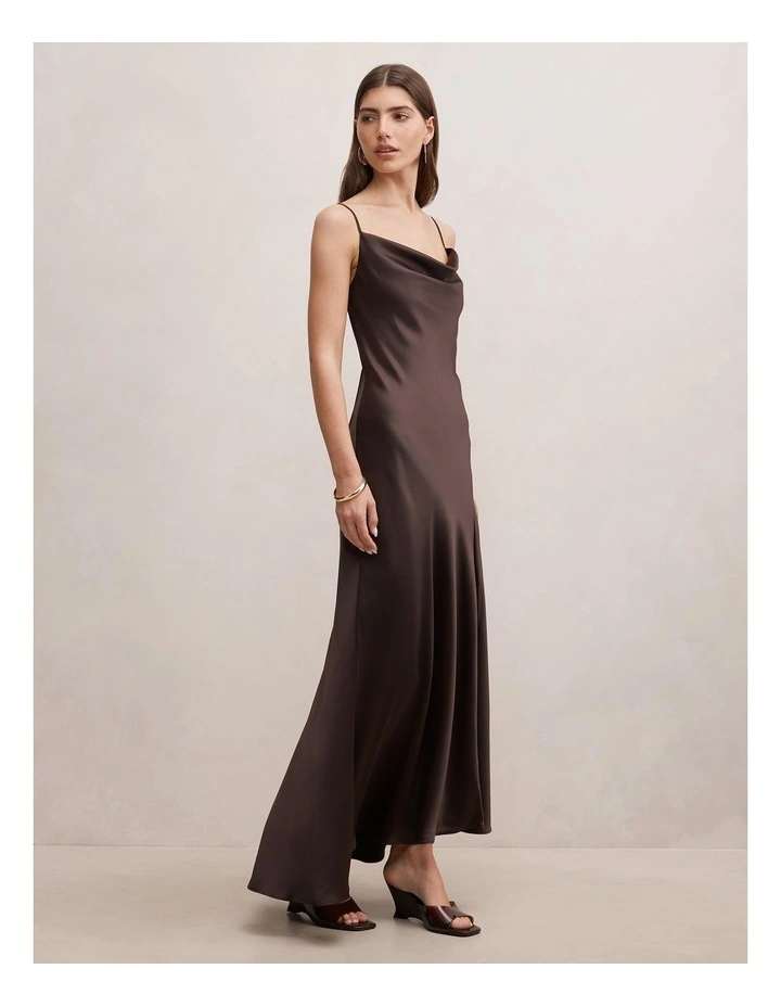 Tilesha Satin Cowl Neck Slip Maxi Dress in Chocolate image 3