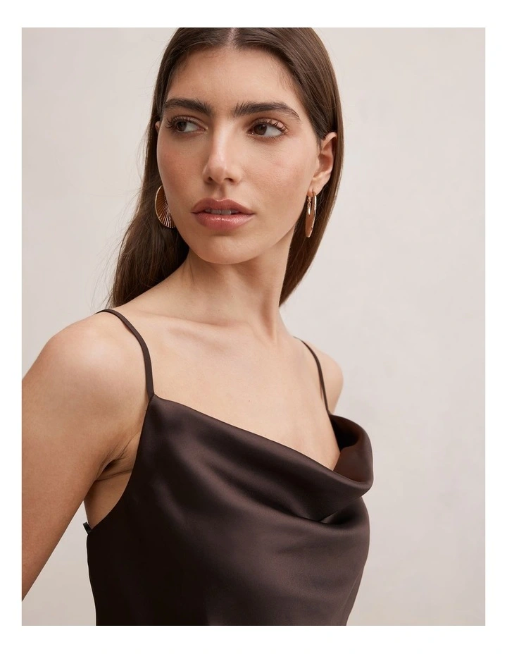 Tilesha Satin Cowl Neck Slip Maxi Dress in Chocolate image 4